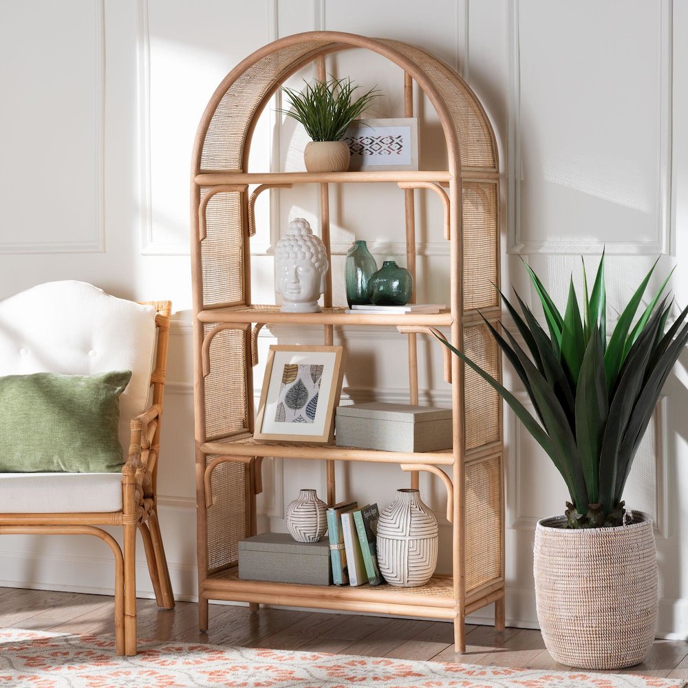 Natania Natural Rattan 4-Tier Display Shelf - Handwoven Arched Bookcase. Picture 8