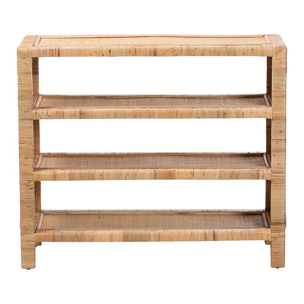 Natural Rattan 4-Tier Display Shelf - Handwoven Boho Coastal Bookcase. Picture 1