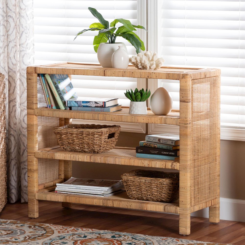 Natural Rattan 4-Tier Display Shelf - Handwoven Boho Coastal Bookcase. Picture 6