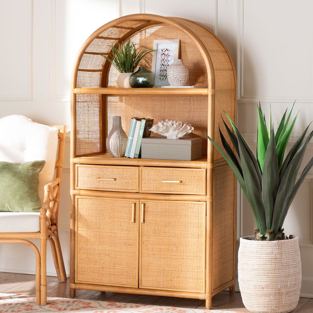 Mairen Arched Natural Rattan Storage Cabinet -  Handwoven Pole Rattan Hutch. Picture 10