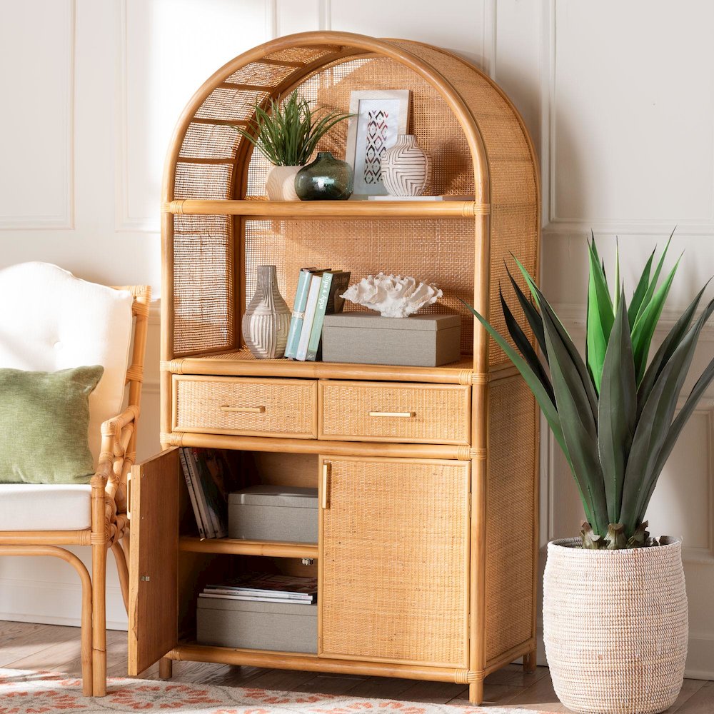 Mairen Arched Natural Rattan Storage Cabinet -  Handwoven Pole Rattan Hutch. Picture 11