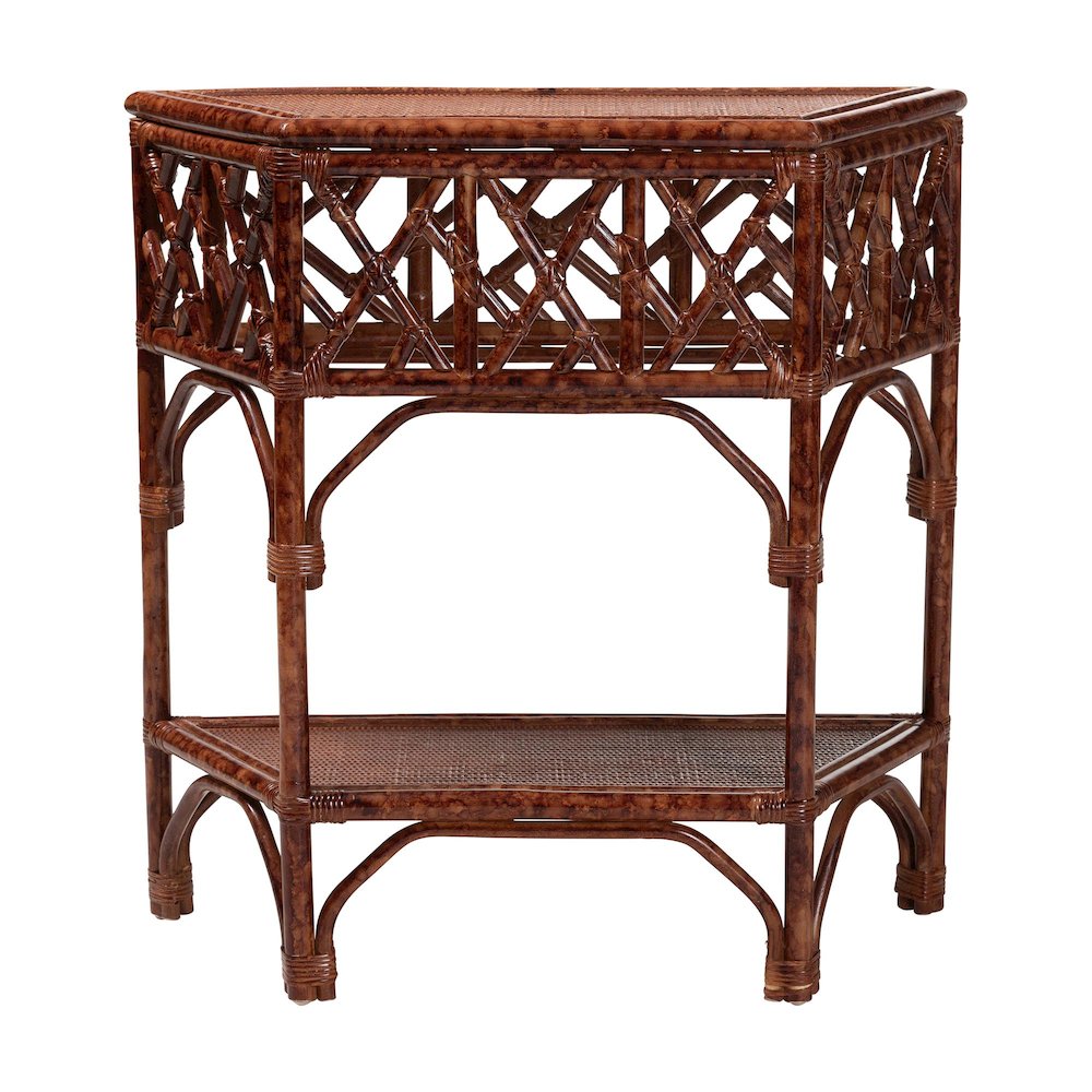 Gaspar Marbled Tortoise Natural Rattan Console Table - Handcrafted Accent Table. Picture 1