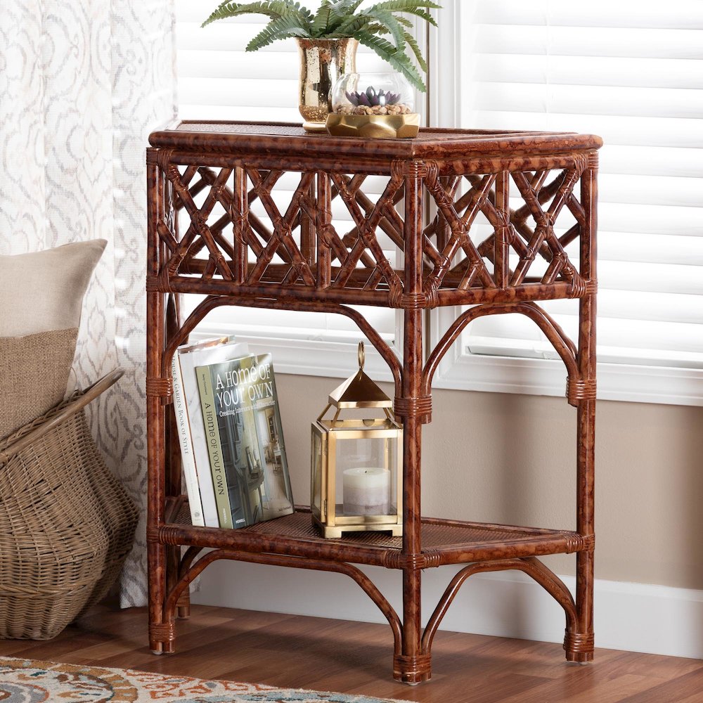 Gaspar Marbled Tortoise Natural Rattan Console Table - Handcrafted Accent Table. Picture 8
