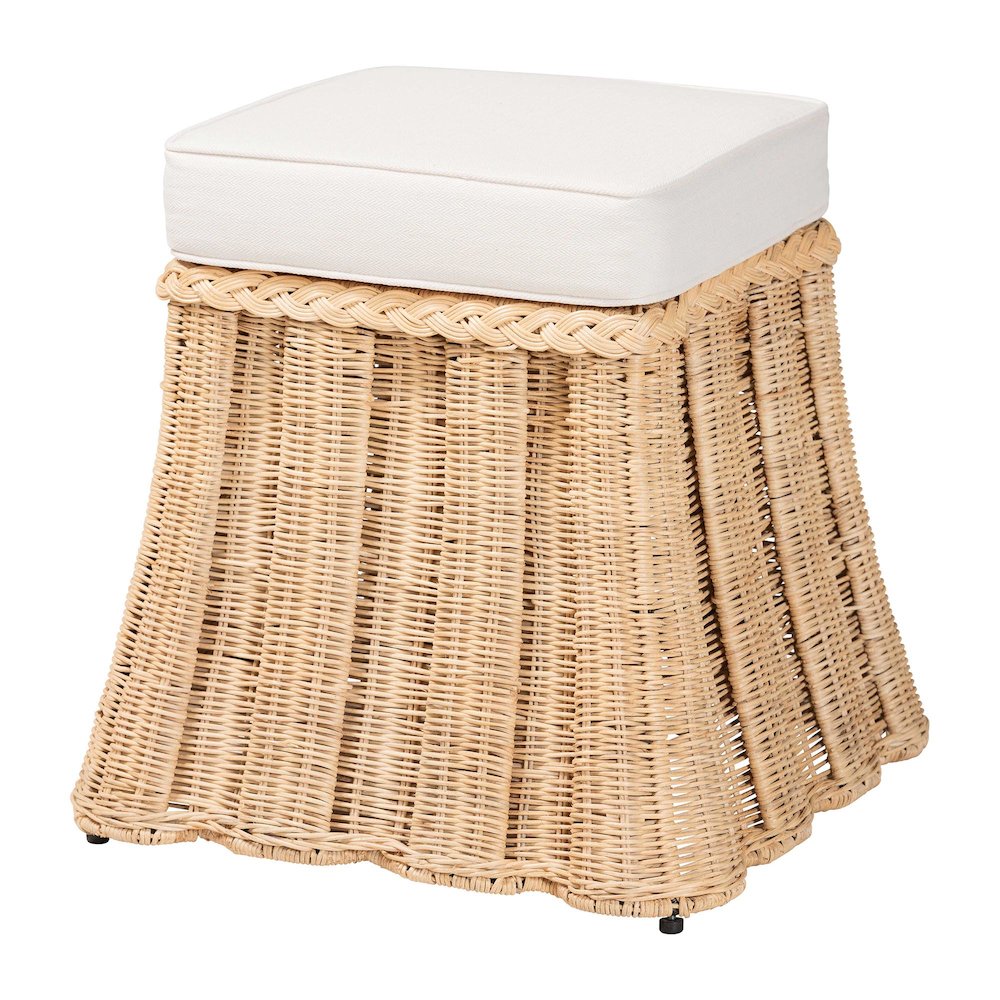 Natural Rattan Ottoman with Cushion - Handwoven Wicker Pleated Skirt. Picture 1