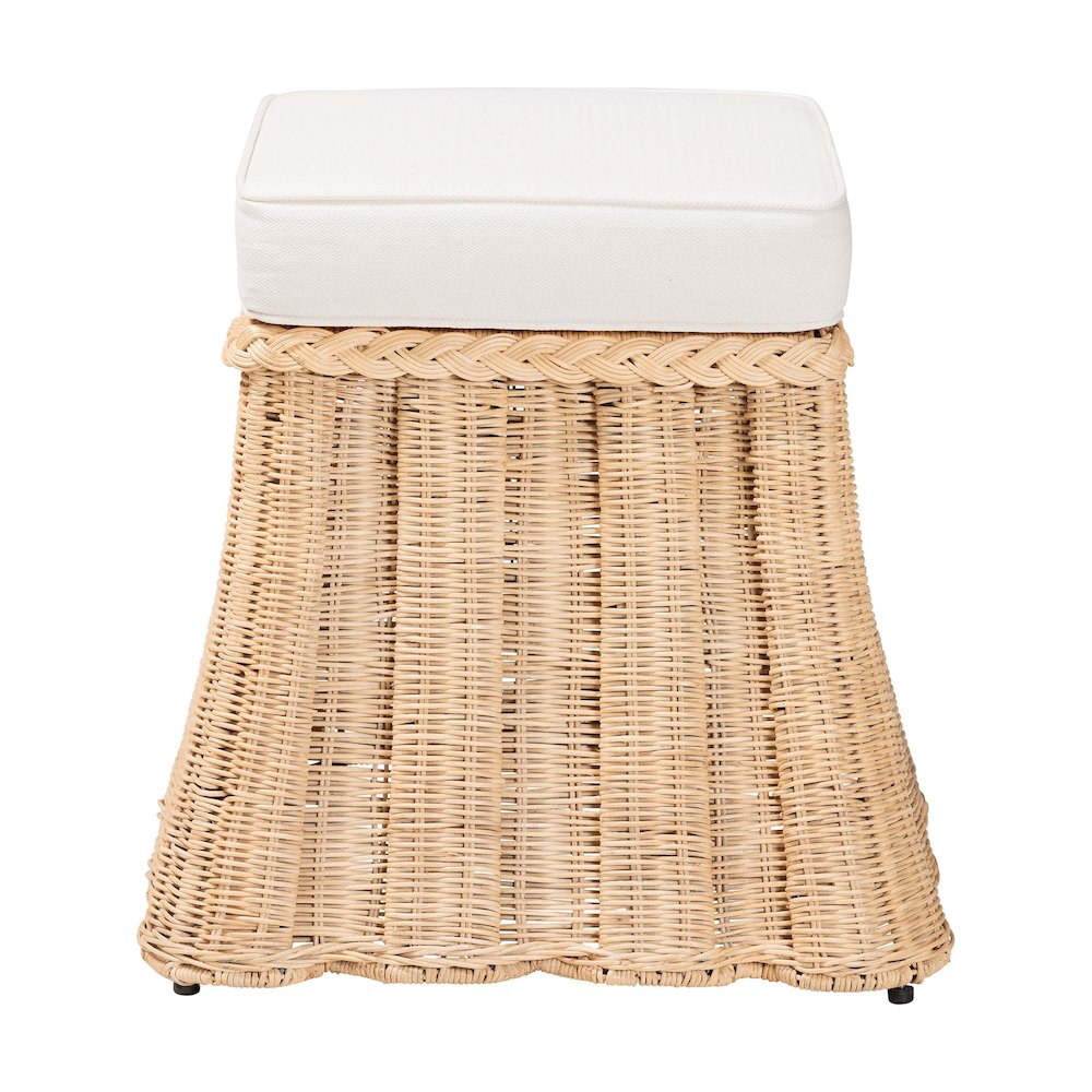 Natural Rattan Ottoman with Cushion - Handwoven Wicker Pleated Skirt. Picture 2