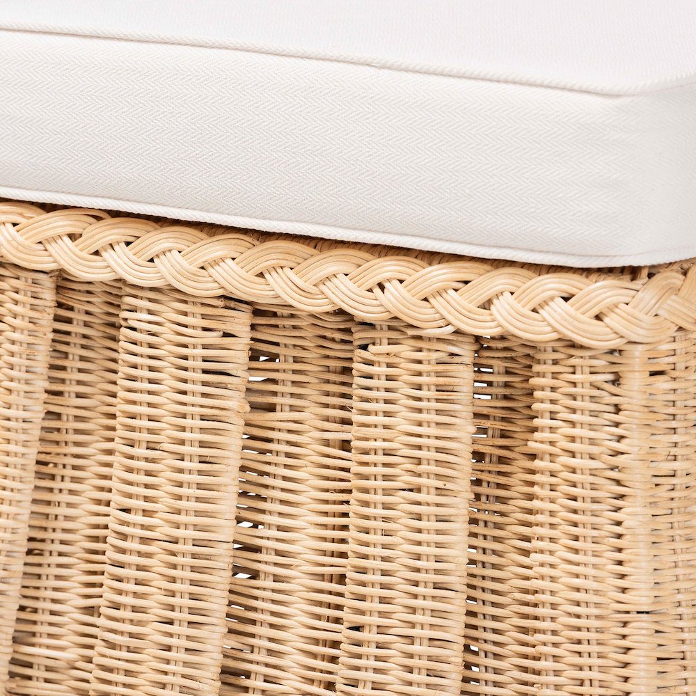 Natural Rattan Ottoman with Cushion - Handwoven Wicker Pleated Skirt. Picture 3
