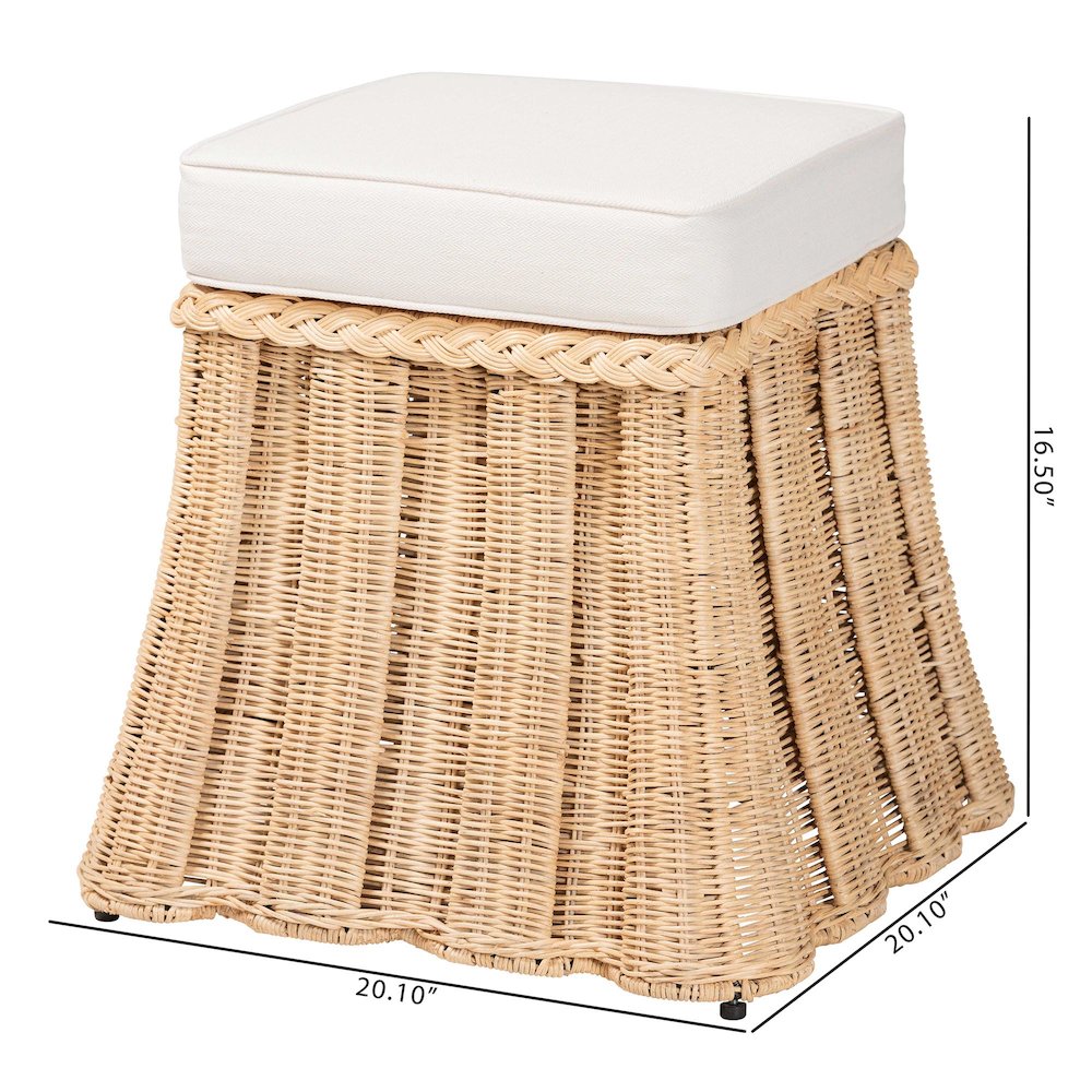Natural Rattan Ottoman with Cushion - Handwoven Wicker Pleated Skirt. Picture 7