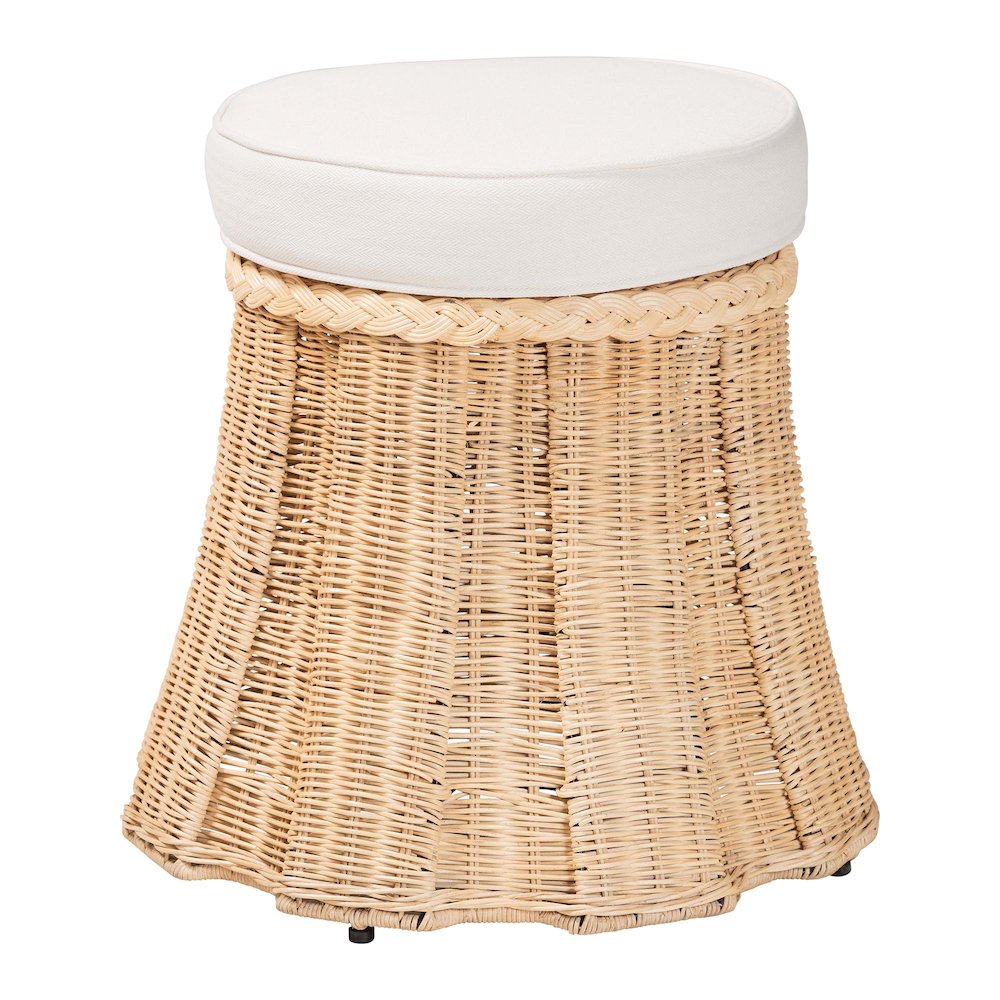 Round Natural Rattan Ottoman with Cushion - Handwoven Wicker Pleated Skirt. Picture 1