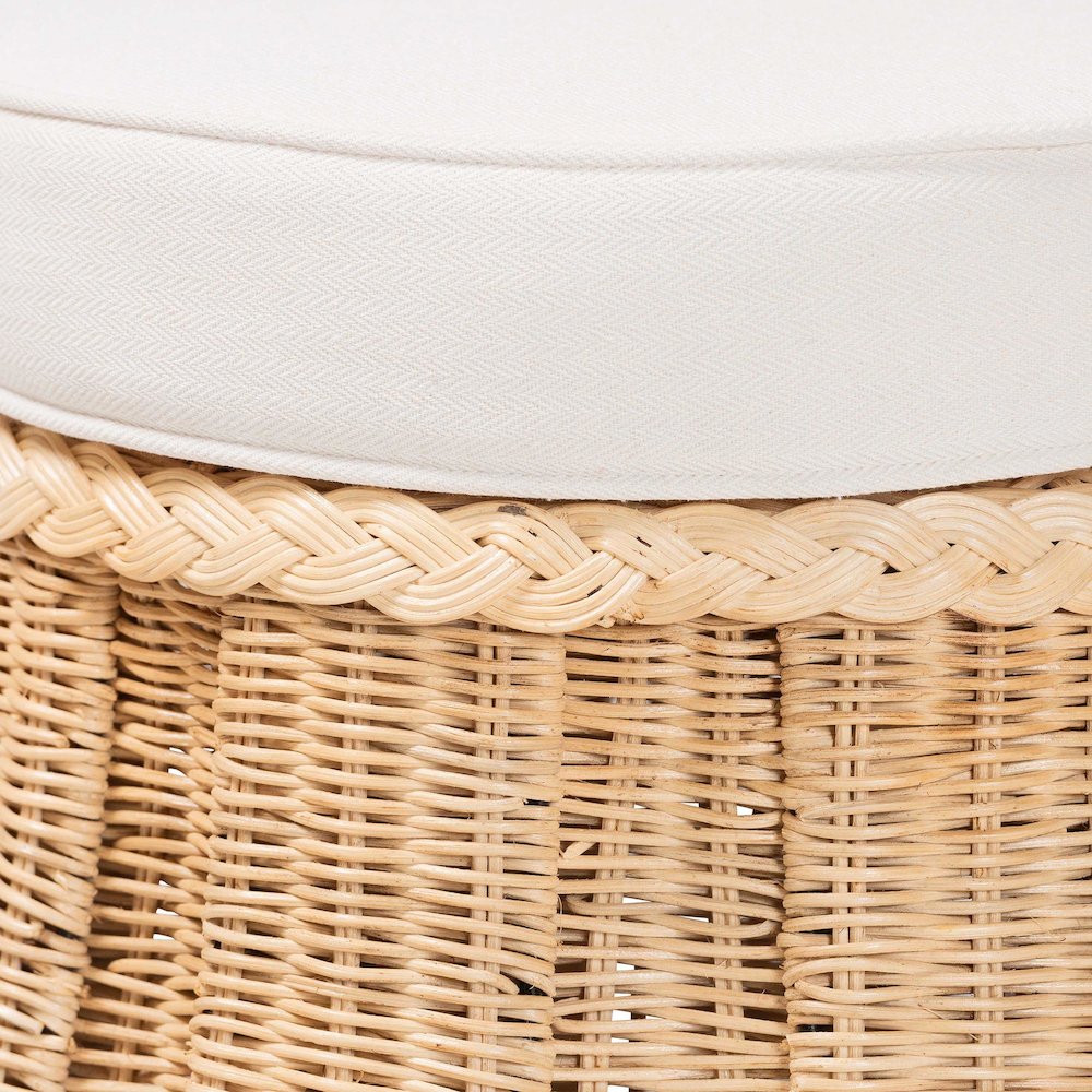 Round Natural Rattan Ottoman with Cushion - Handwoven Wicker Pleated Skirt. Picture 2
