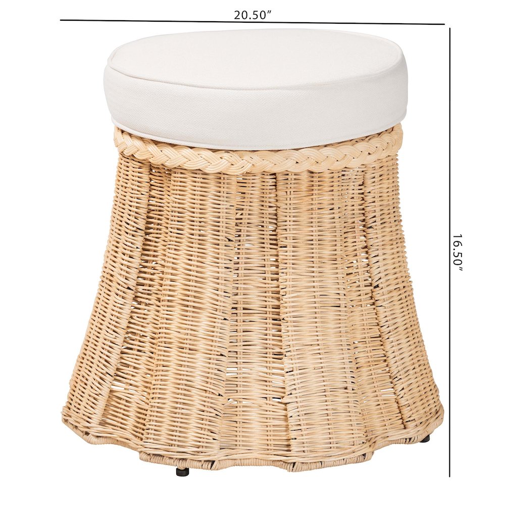Round Natural Rattan Ottoman with Cushion - Handwoven Wicker Pleated Skirt. Picture 6