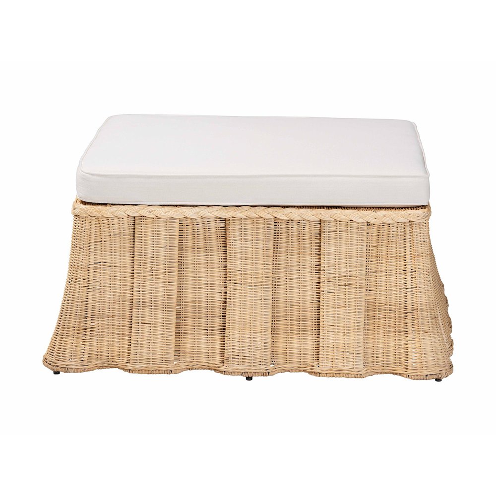 Natural Rattan Ottoman with Cushion - Handwoven Wicker Pleated Skirt. Picture 2