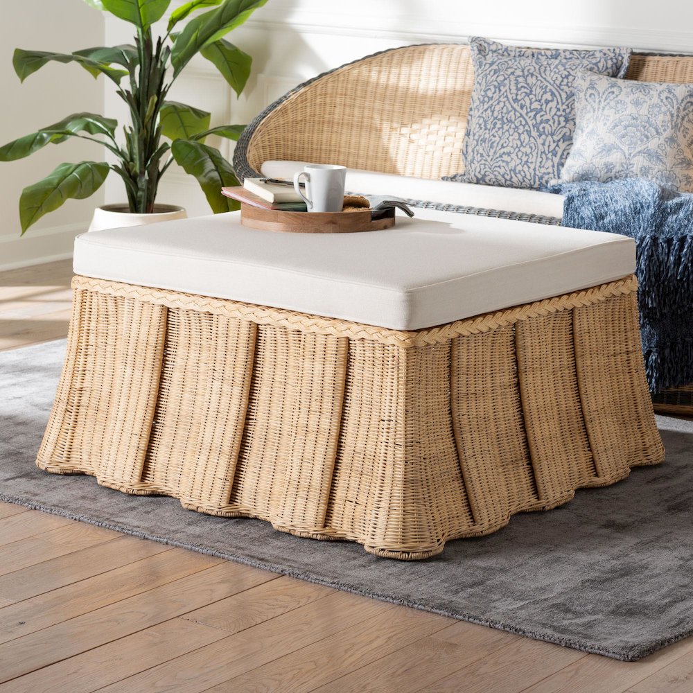 Natural Rattan Ottoman with Cushion - Handwoven Wicker Pleated Skirt. Picture 6
