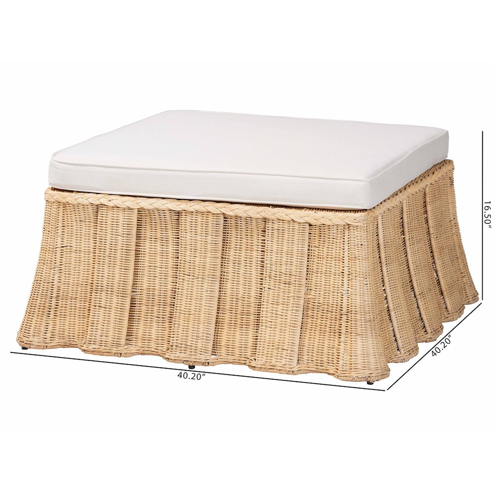 Natural Rattan Ottoman with Cushion - Handwoven Wicker Pleated Skirt. Picture 7