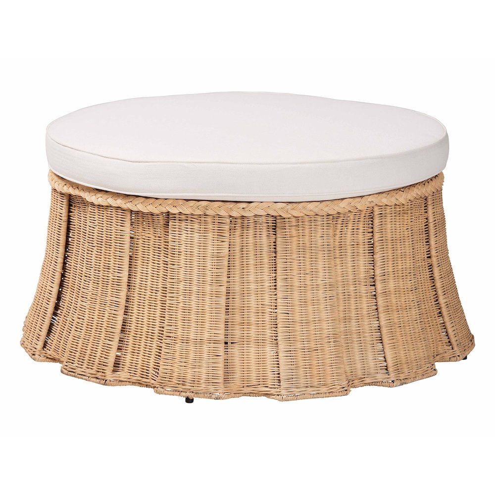 Round Natural Rattan Ottoman with Cushion - Handwoven Wicker Pleated Skirt. Picture 1