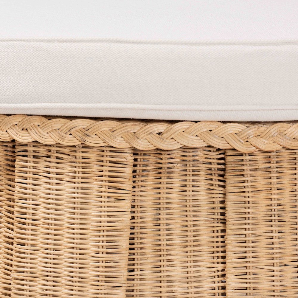 Round Natural Rattan Ottoman with Cushion - Handwoven Wicker Pleated Skirt. Picture 2