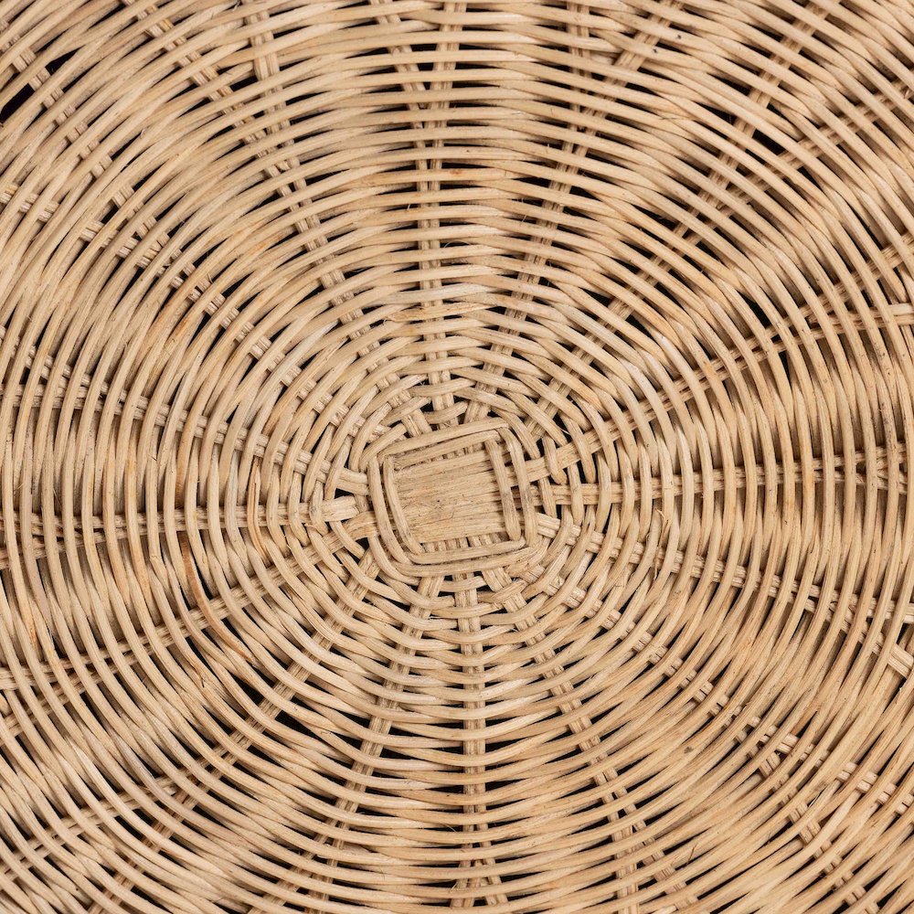 Round Natural Rattan Ottoman with Cushion - Handwoven Wicker Pleated Skirt. Picture 4
