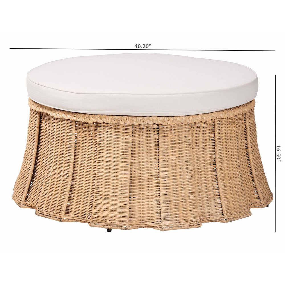 Round Natural Rattan Ottoman with Cushion - Handwoven Wicker Pleated Skirt. Picture 6