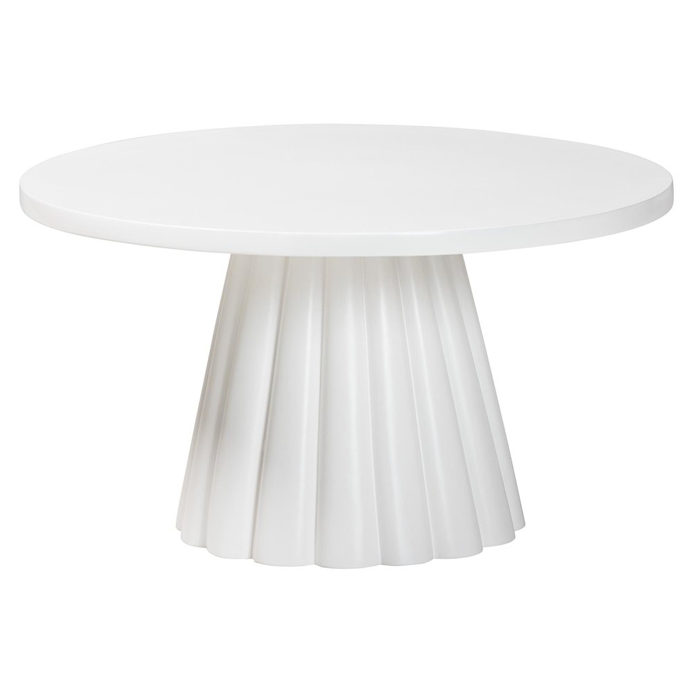 Round Coffee Table with Fluted Pedestal Base - White Resin Accent Table. Picture 1