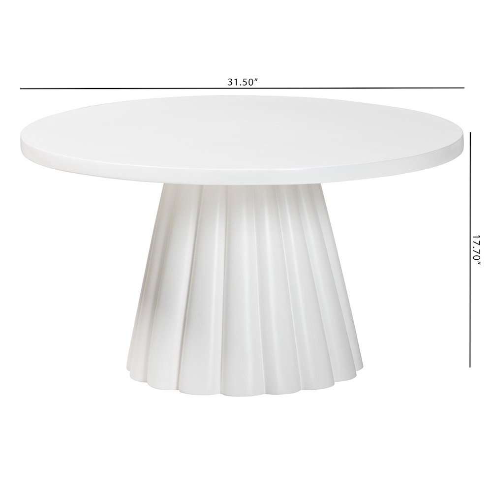 Round Coffee Table with Fluted Pedestal Base - White Resin Accent Table. Picture 6
