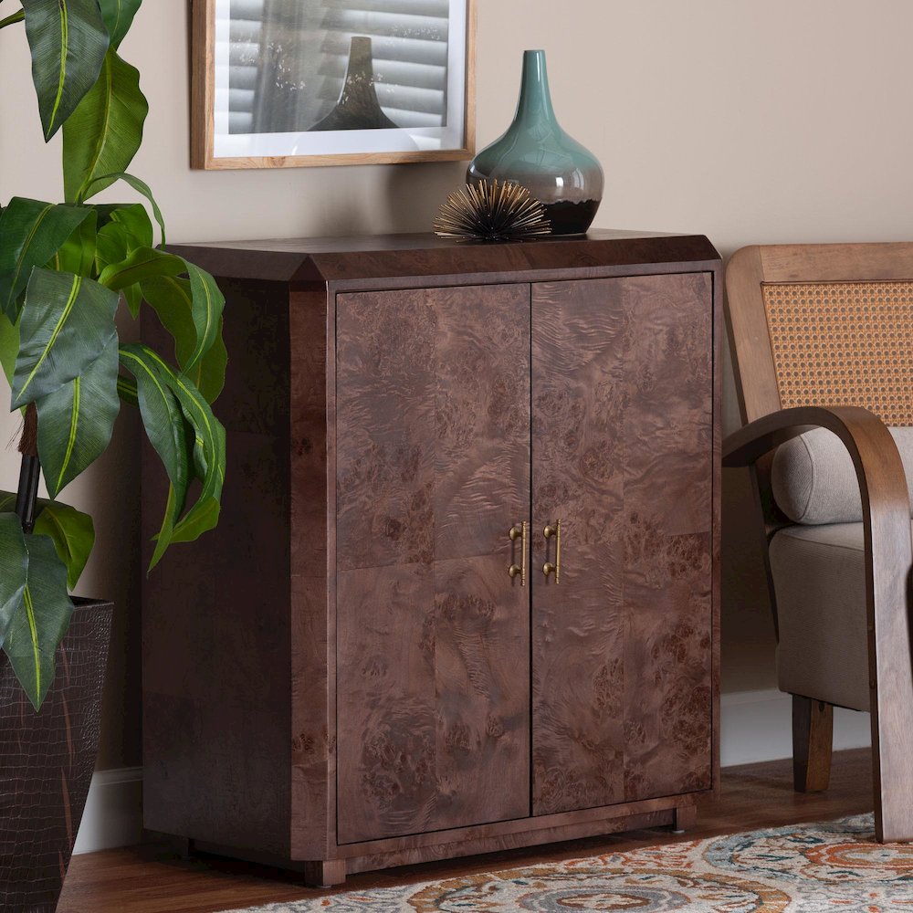 Valora Real Burl Wood Storage Cabinet in Dark Walnut Brown. Picture 8
