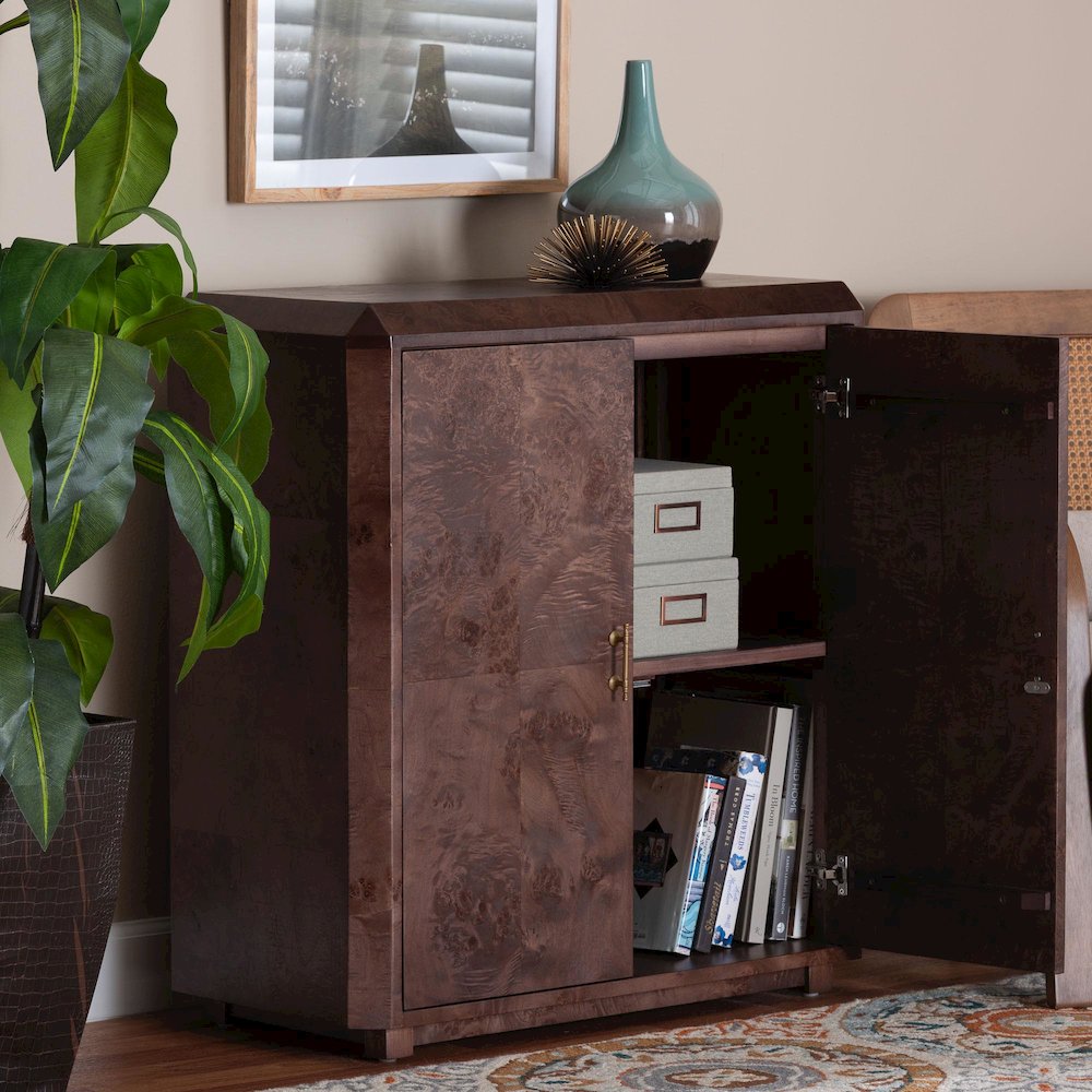 Valora Real Burl Wood Storage Cabinet in Dark Walnut Brown. Picture 9