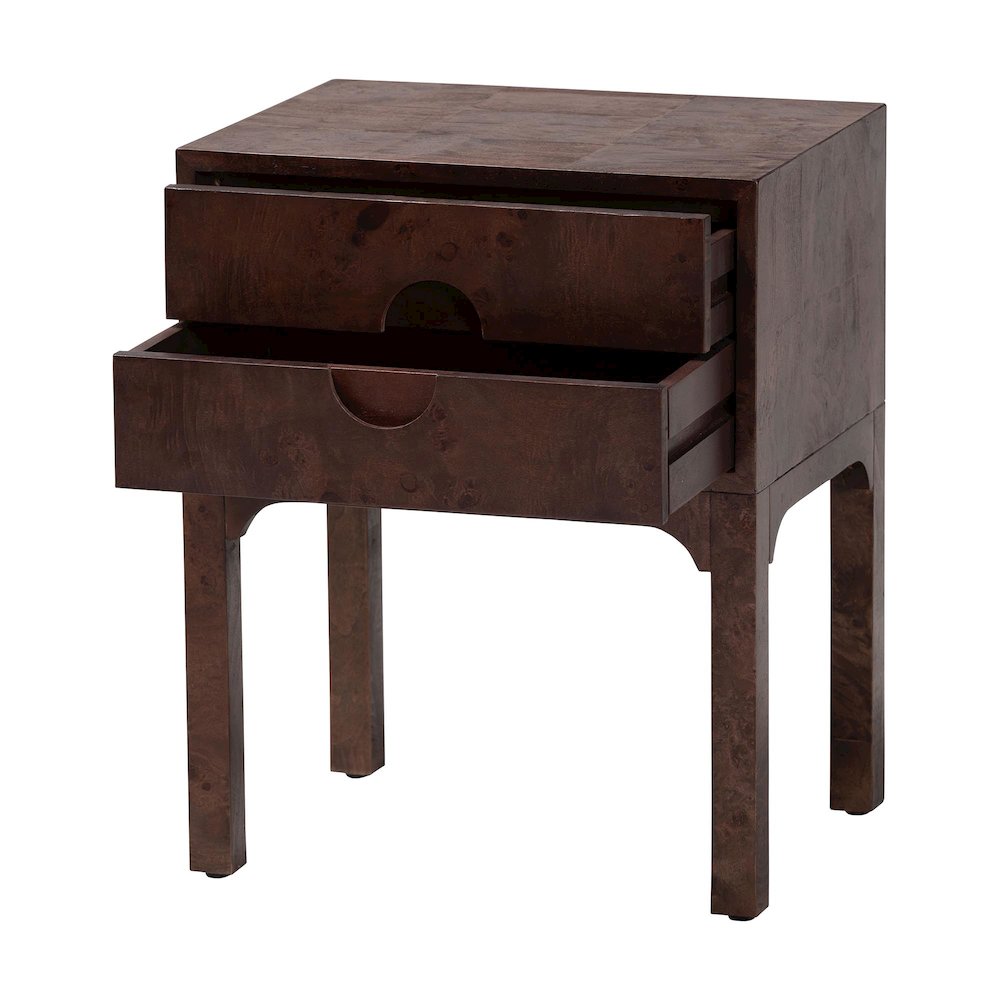 Kayla Real Burl Wood Nightstand in Dark Walnut Brown - Modern Bedside Table. Picture 1