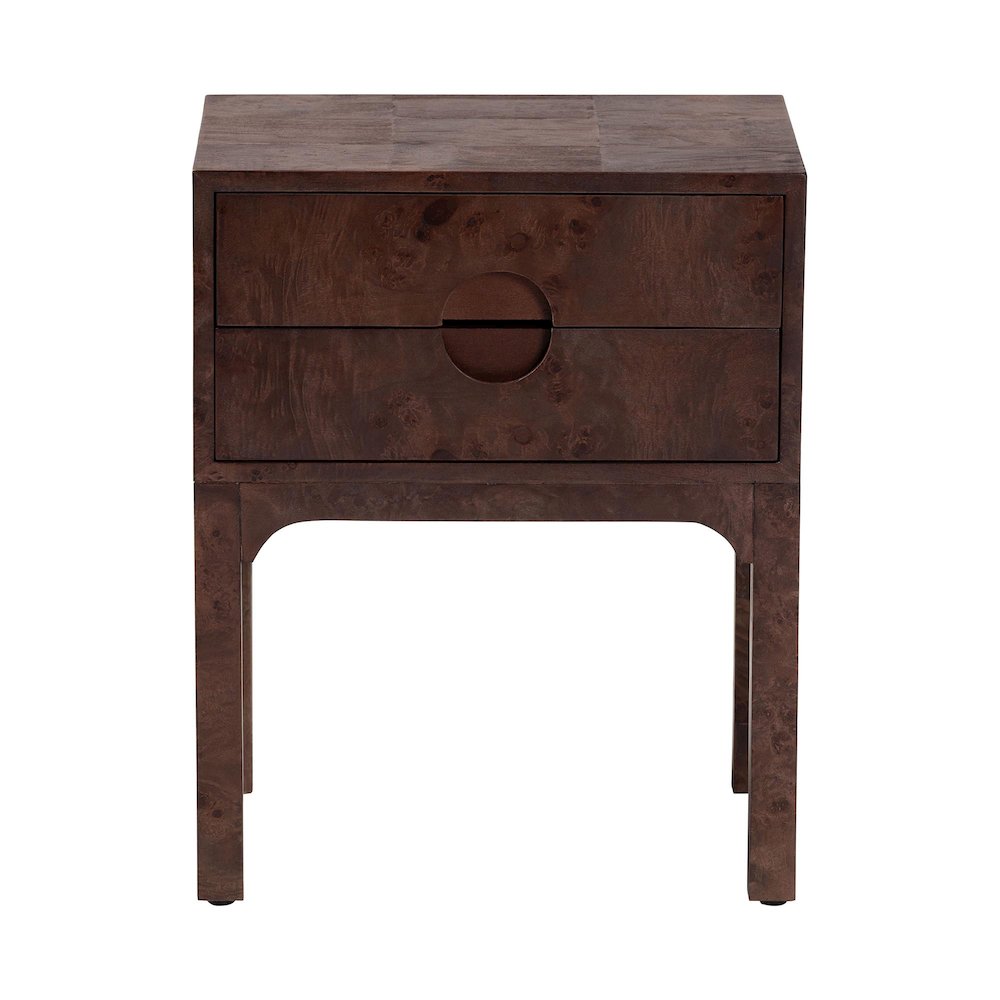 Kayla Real Burl Wood Nightstand in Dark Walnut Brown - Modern Bedside Table. Picture 3