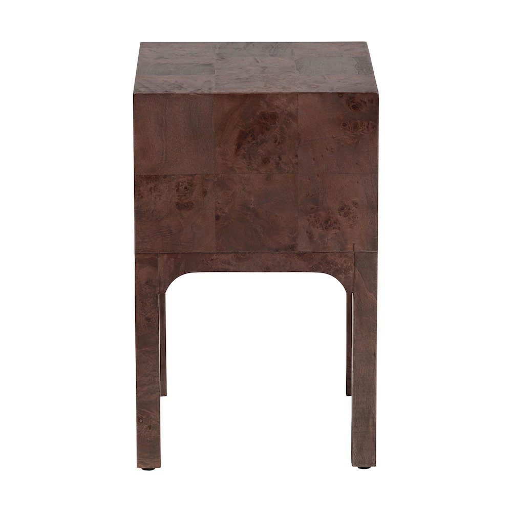 Kayla Real Burl Wood Nightstand in Dark Walnut Brown - Modern Bedside Table. Picture 4