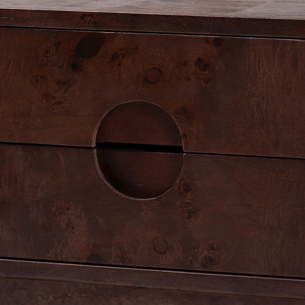 Kayla Real Burl Wood Nightstand in Dark Walnut Brown - Modern Bedside Table. Picture 5