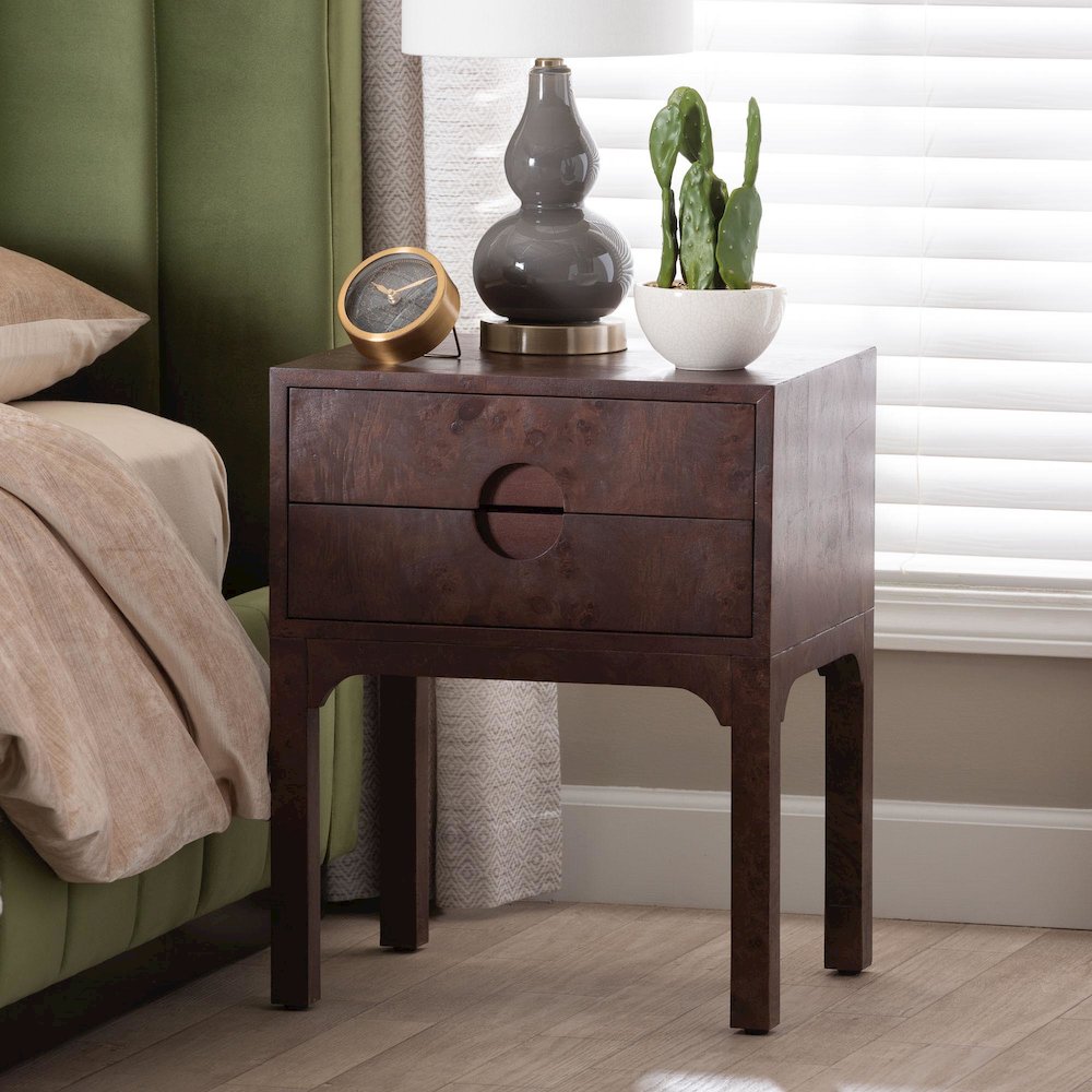 Kayla Real Burl Wood Nightstand in Dark Walnut Brown - Modern Bedside Table. Picture 8