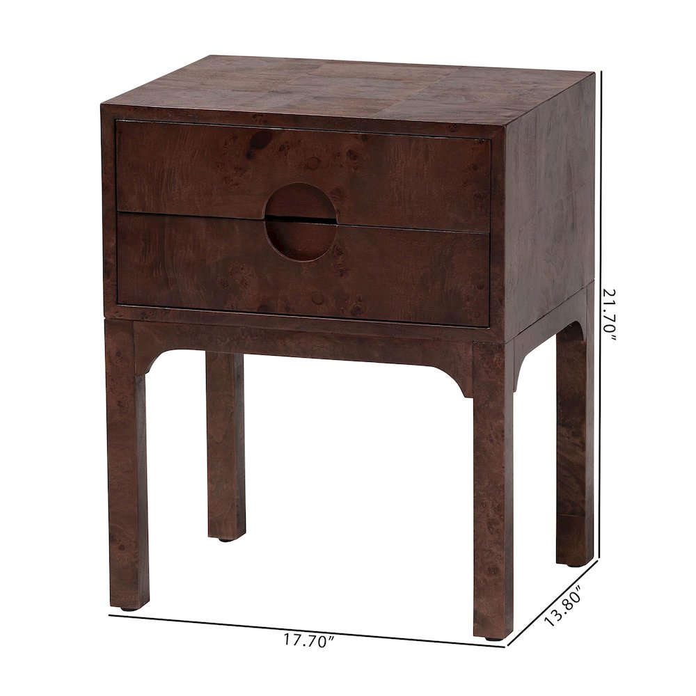 Kayla Real Burl Wood Nightstand in Dark Walnut Brown - Modern Bedside Table. Picture 9