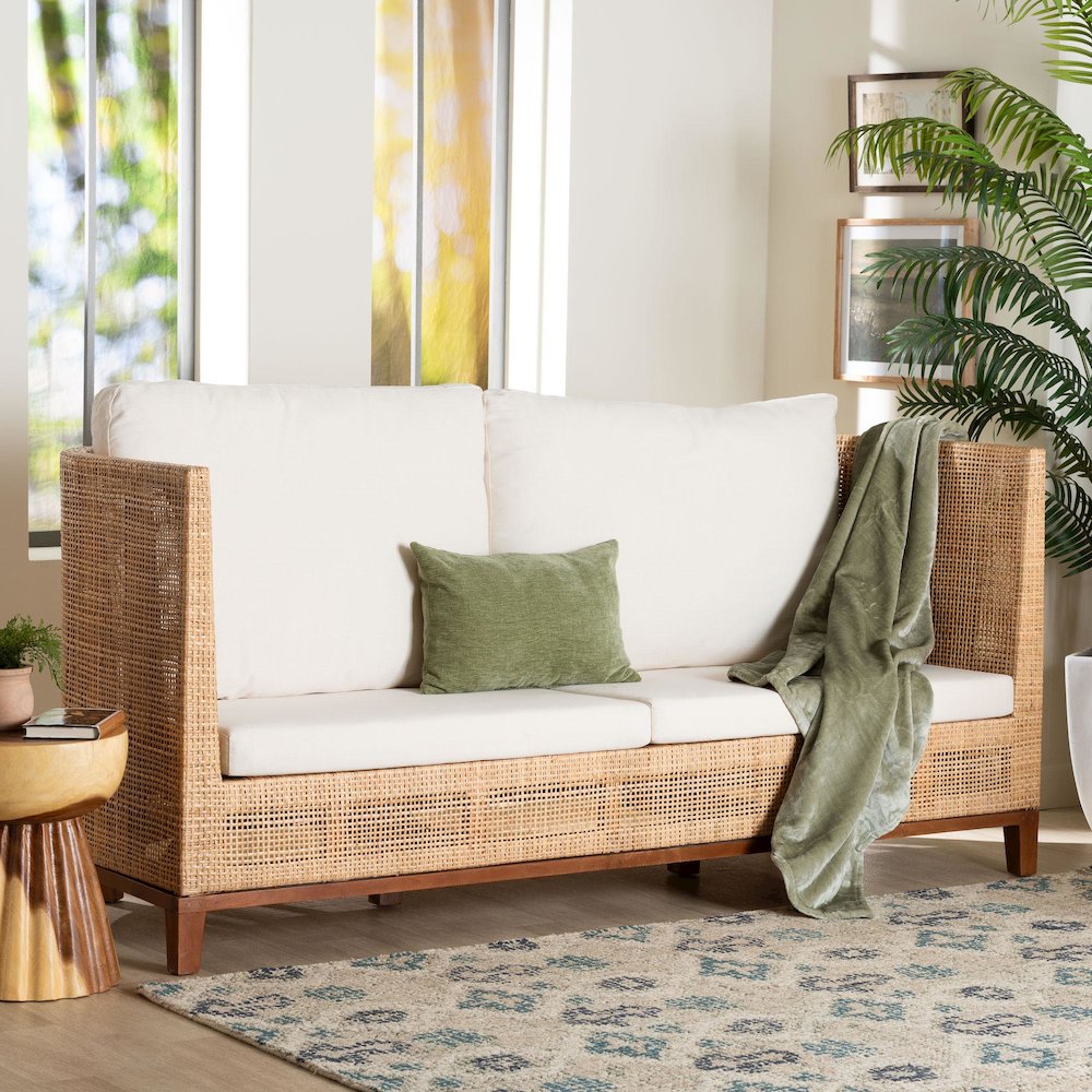 Natural Rattan Sofa with Upholstered Cushions - Coastal Style 3-Seater Couch. Picture 8