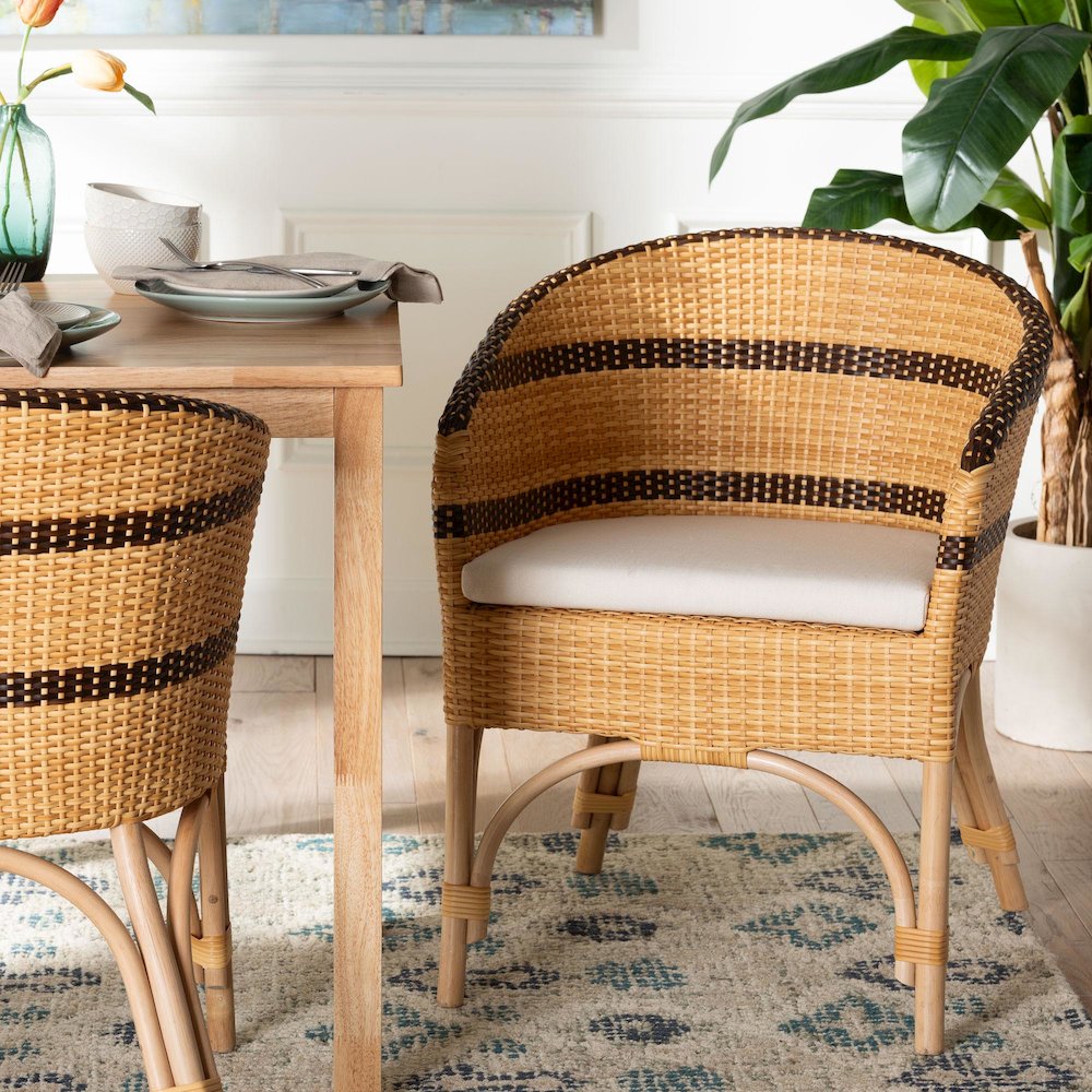 Rattan Dining Chair with Cushion - Barrel-Back Accent Chair with Synthetic Woven. Picture 8