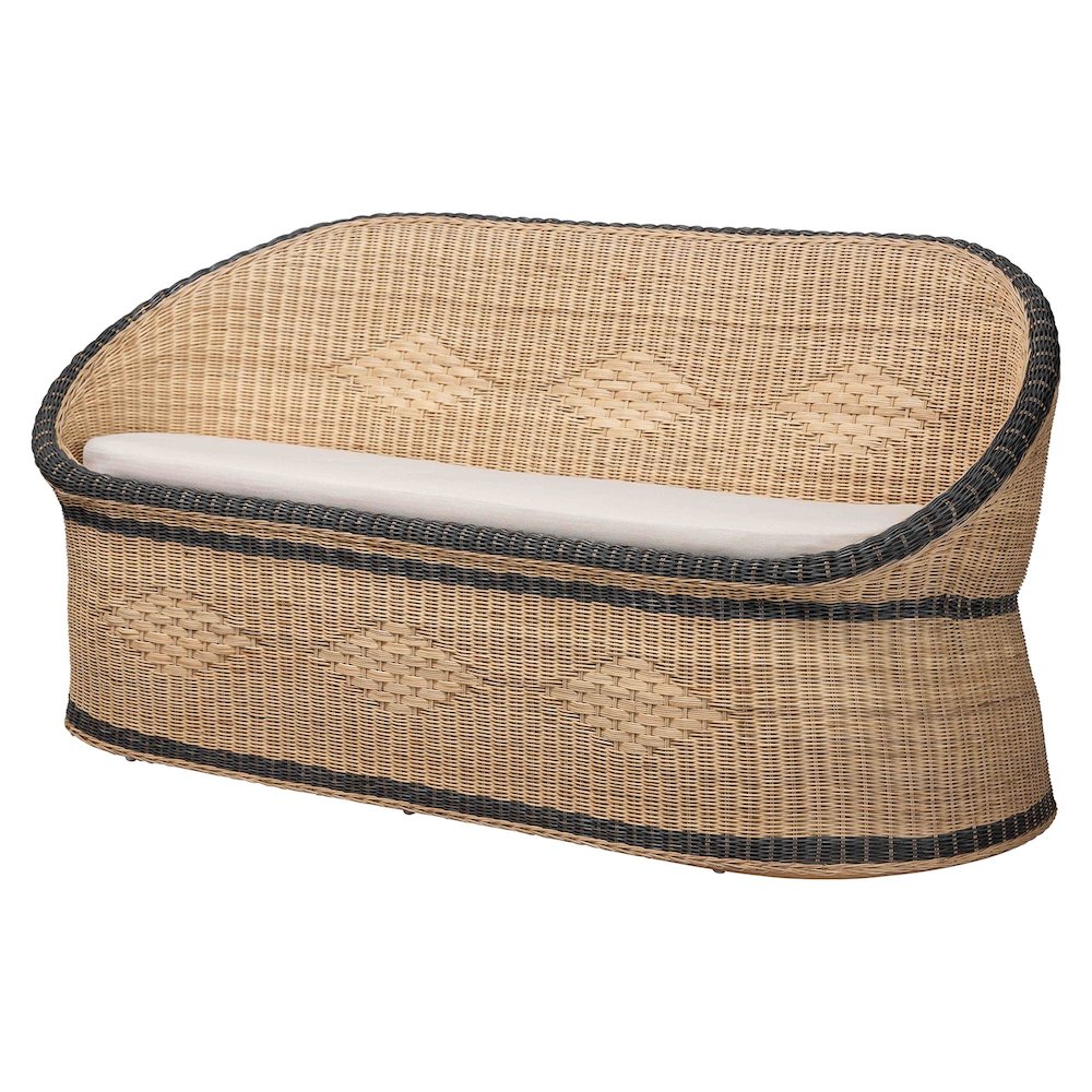 Natural Rattan Loveseat - Handwoven Wicker Sofa with Two-Tone Woven Detailing. Picture 1