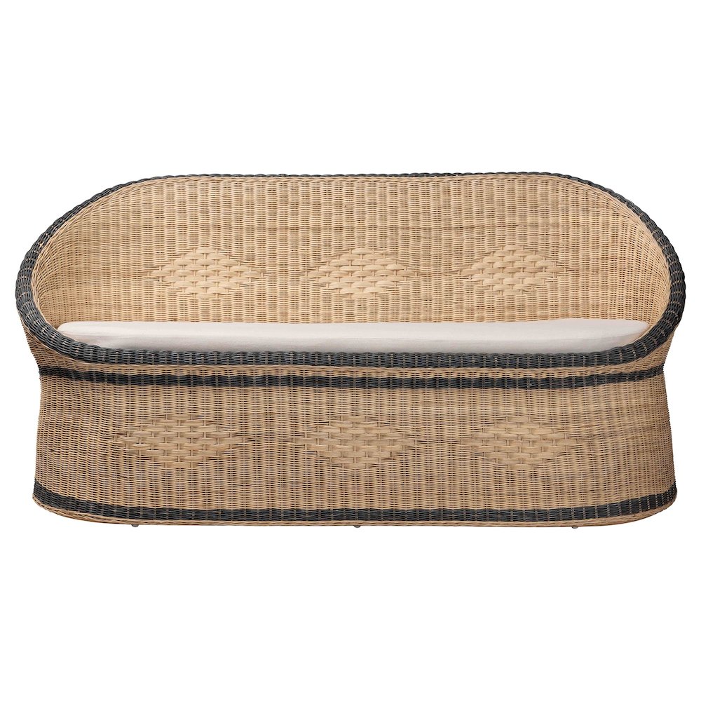 Natural Rattan Loveseat - Handwoven Wicker Sofa with Two-Tone Woven Detailing. Picture 2