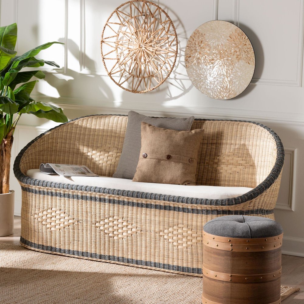 Natural Rattan Loveseat - Handwoven Wicker Sofa with Two-Tone Woven Detailing. Picture 7