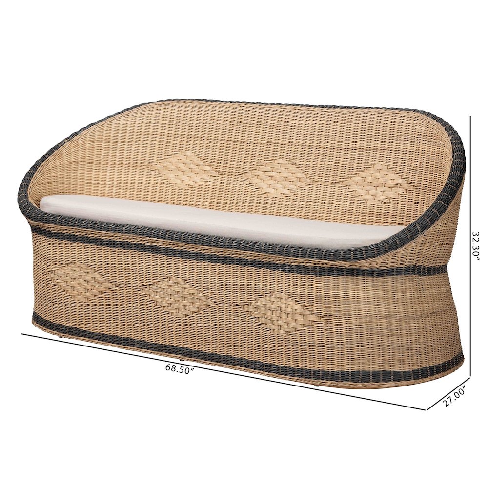 Natural Rattan Loveseat - Handwoven Wicker Sofa with Two-Tone Woven Detailing. Picture 8