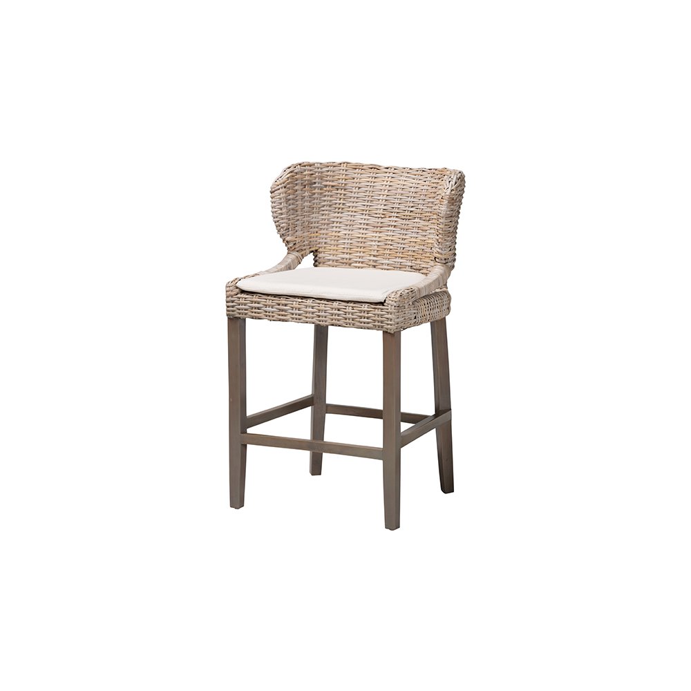 Niesha Kubu Rattan Counter Stool with Flared Arms and Cushion, Grey. Picture 1
