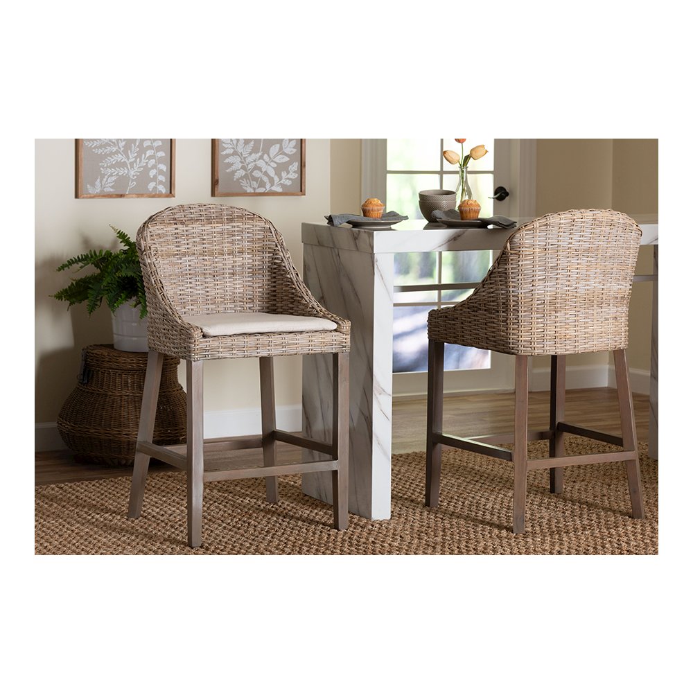 Lara Kubu Rattan Counter Stool with Wingback Design and Cushion, Grey. Picture 2