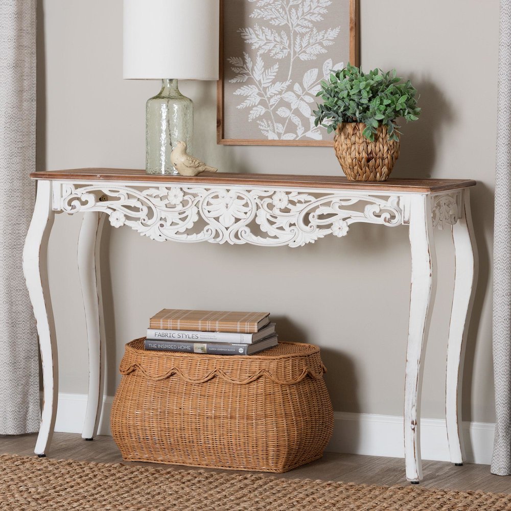 Distressed Wood Console Table with Floral Motif and Two-Tone Finishing. Picture 2