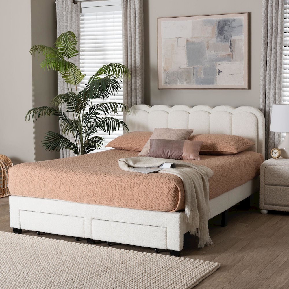 Caradonna Cream Bed with Storage Drawers - Fully Upholstered Platform Bed, Queen. Picture 8