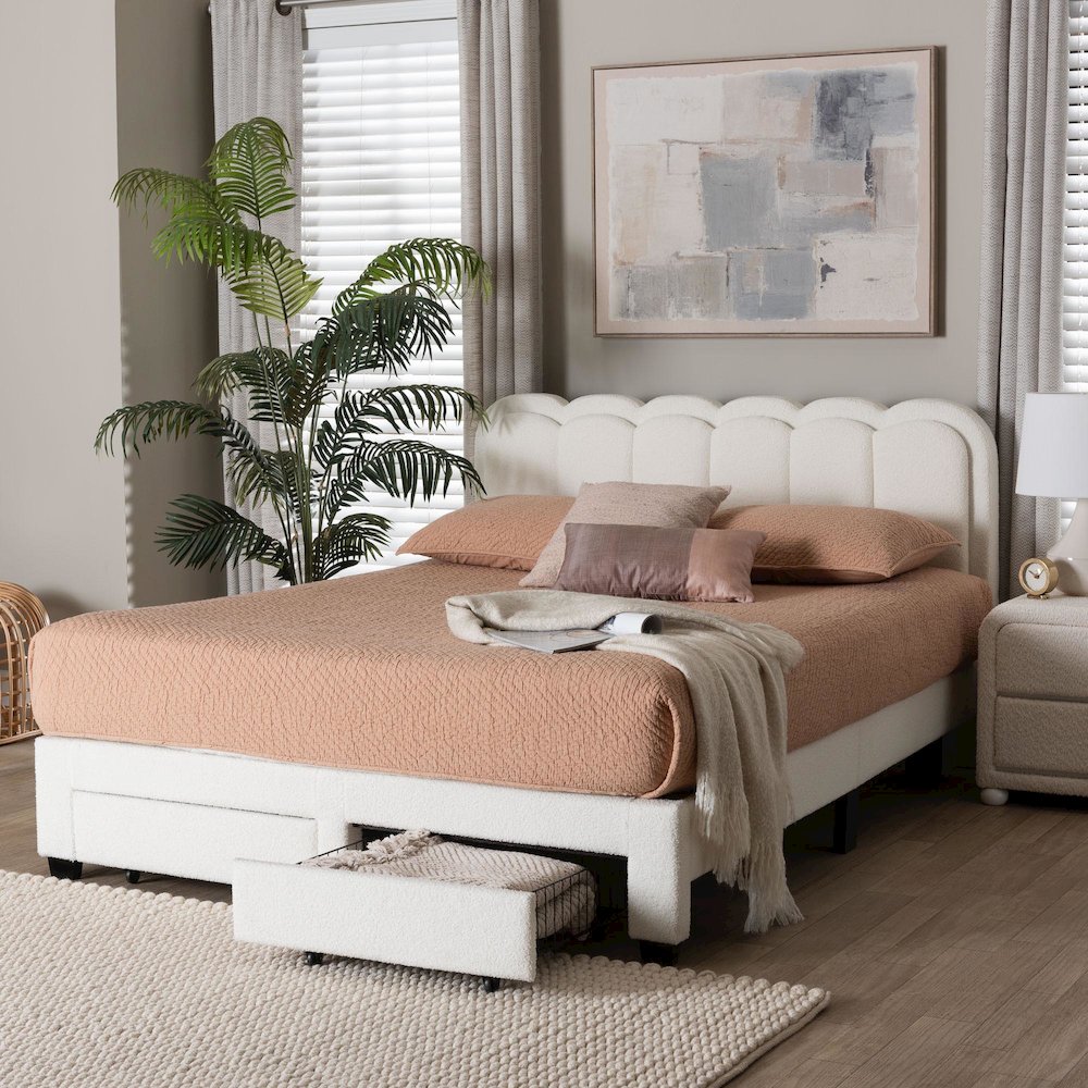 Caradonna Cream Bed with Storage Drawers - Fully Upholstered Platform Bed, Queen. Picture 9
