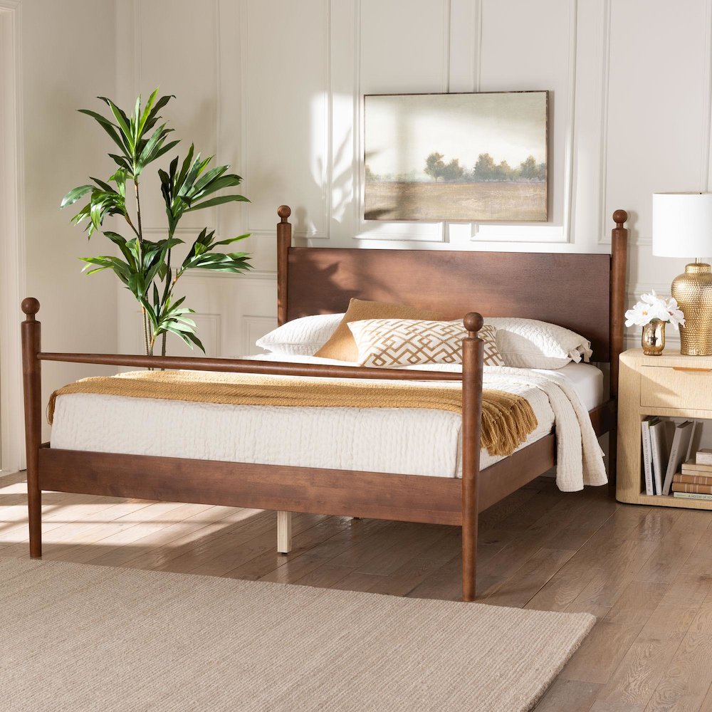 Wood Platform Bed - Traditional Poster Bed Frame with Panel Headboard, Queen. Picture 7