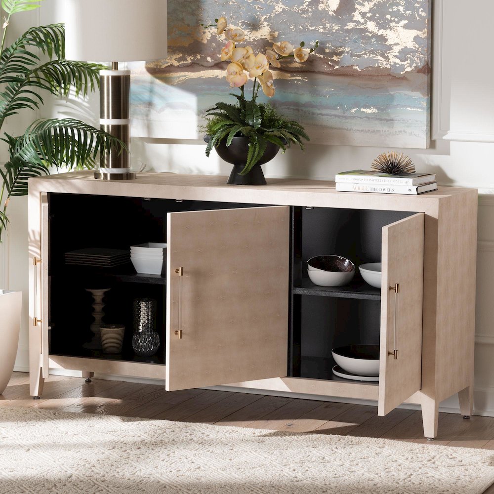 Faux Shagreen Sideboard - Contemporary 3-Door Buffet Storage Cabinet. Picture 10