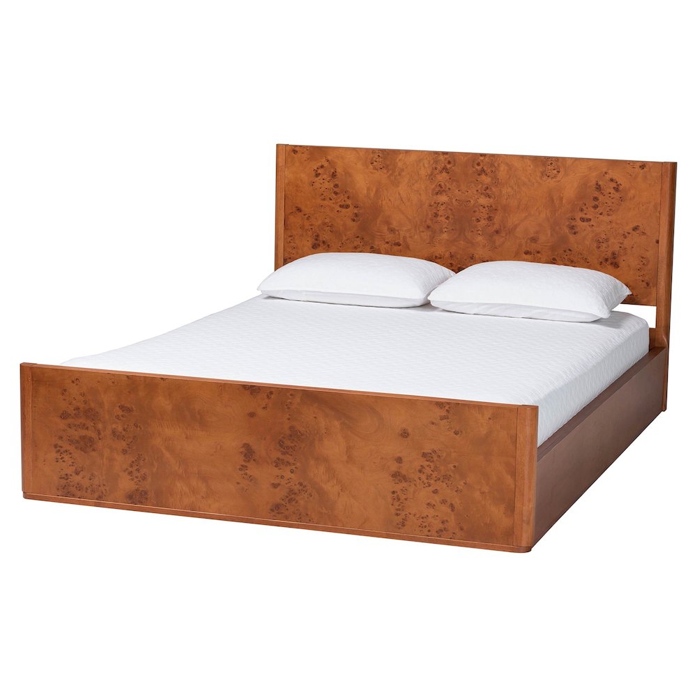 Fuentes Real Burl Wood Bed Frame - Modern Low-Profile Platform Bed, Queen. Picture 1