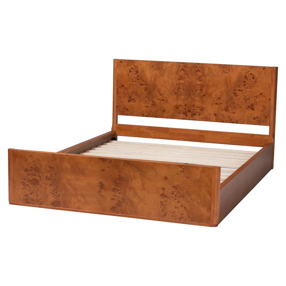 Fuentes Real Burl Wood Bed Frame - Modern Low-Profile Platform Bed, Queen. Picture 3