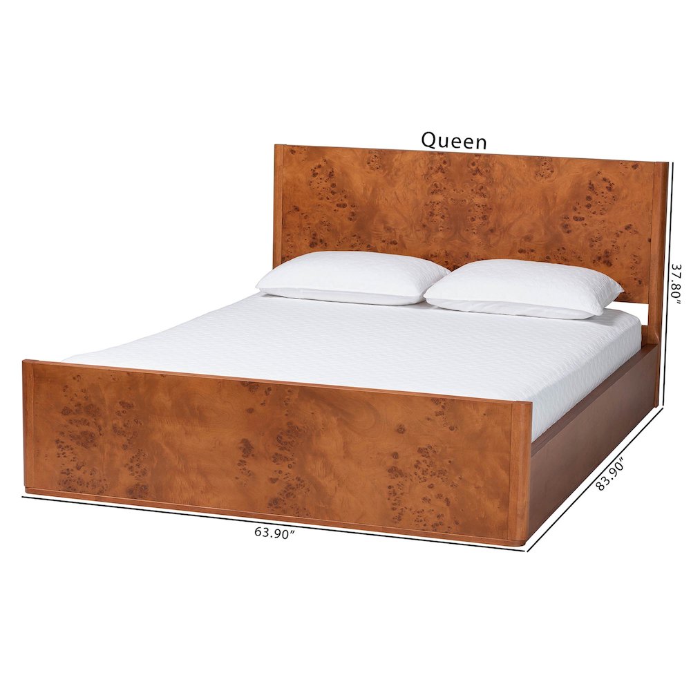 Fuentes Real Burl Wood Bed Frame - Modern Low-Profile Platform Bed, Queen. Picture 7