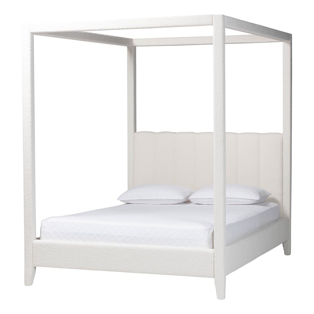 Boucle Upholstered Canopy Bed - Platform Bed with Tufted Headboard, Cream, Queen. Picture 1