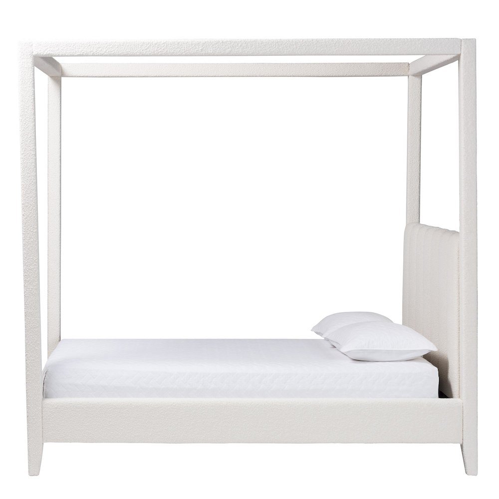 Boucle Upholstered Canopy Bed - Platform Bed with Tufted Headboard, Cream, Queen. Picture 2
