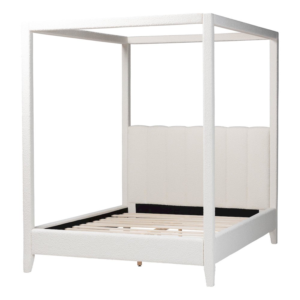 Boucle Upholstered Canopy Bed - Platform Bed with Tufted Headboard, Cream, Queen. Picture 3